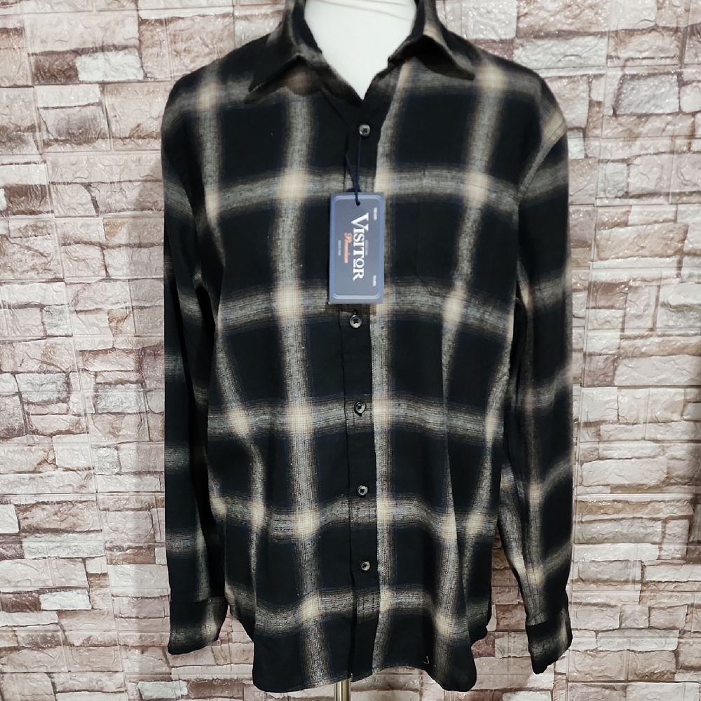 Visitor Premium Mark Black  Tan and Cream Plaid Men's Shirt Brand New
